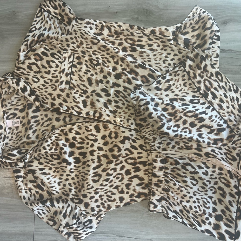 Victoria Sevret Leopard Print Satin Button-Up Pajama Set
